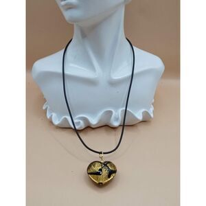 Vintage Black and Gold Metal Enameled Heart Pendant on Black Cordage Necklace